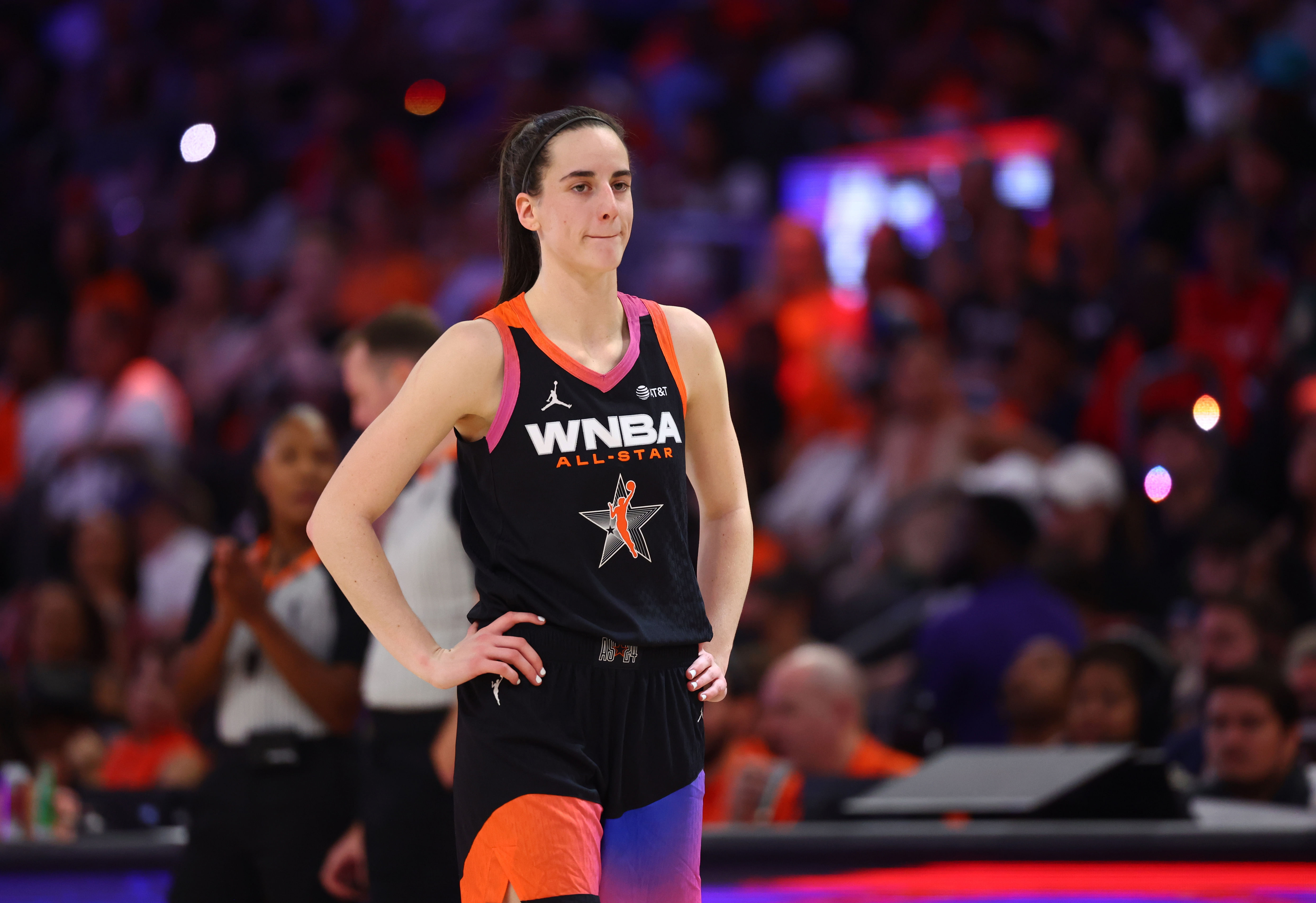 Team WNBA guard Caitlin Clark against the USA Women&#039;s National Team during the 2024 WNBA All Star Game at Footprint Center. Photo Credit: Imagn