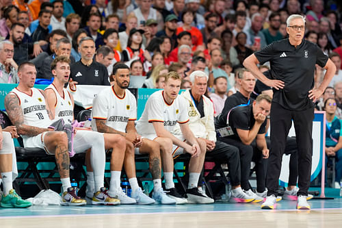 German head coach Gordie Herbert looks out on the court during the 2024 Paris Olympics at Stade Pierre-Mauroy. Photo Credit: Imagn