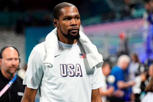 Kevin Durant after a game against Serbia during the Paris 2024 Olympic Summer Games at Stade Pierre-Mauroy. Photo Credit: Imagn