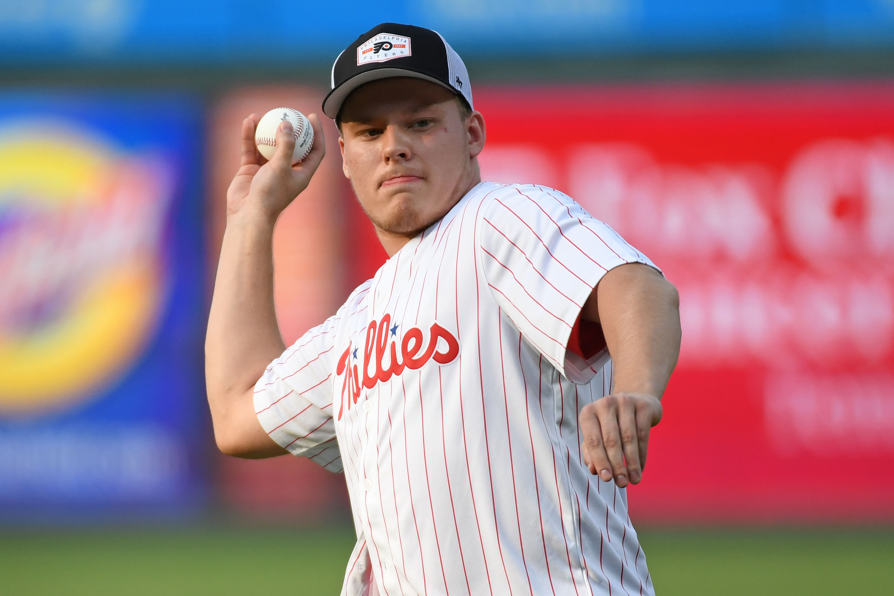 Matvei Michkov tossed the first pitch (Imagn)