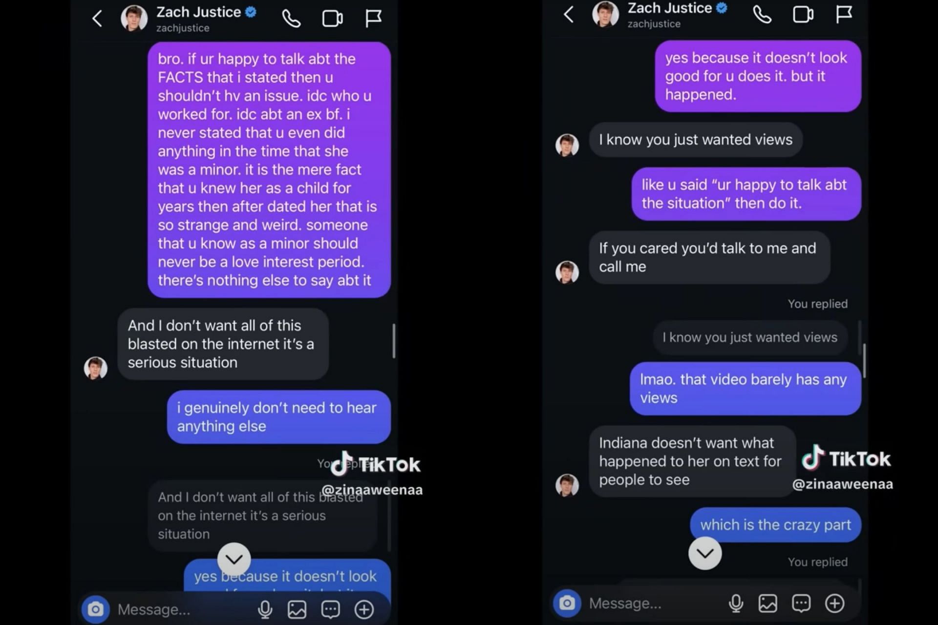 Zach Justice contacted TikToker zinaaweenaa to discuss the allegations (Image via TikTok/@zinaaweenaa)