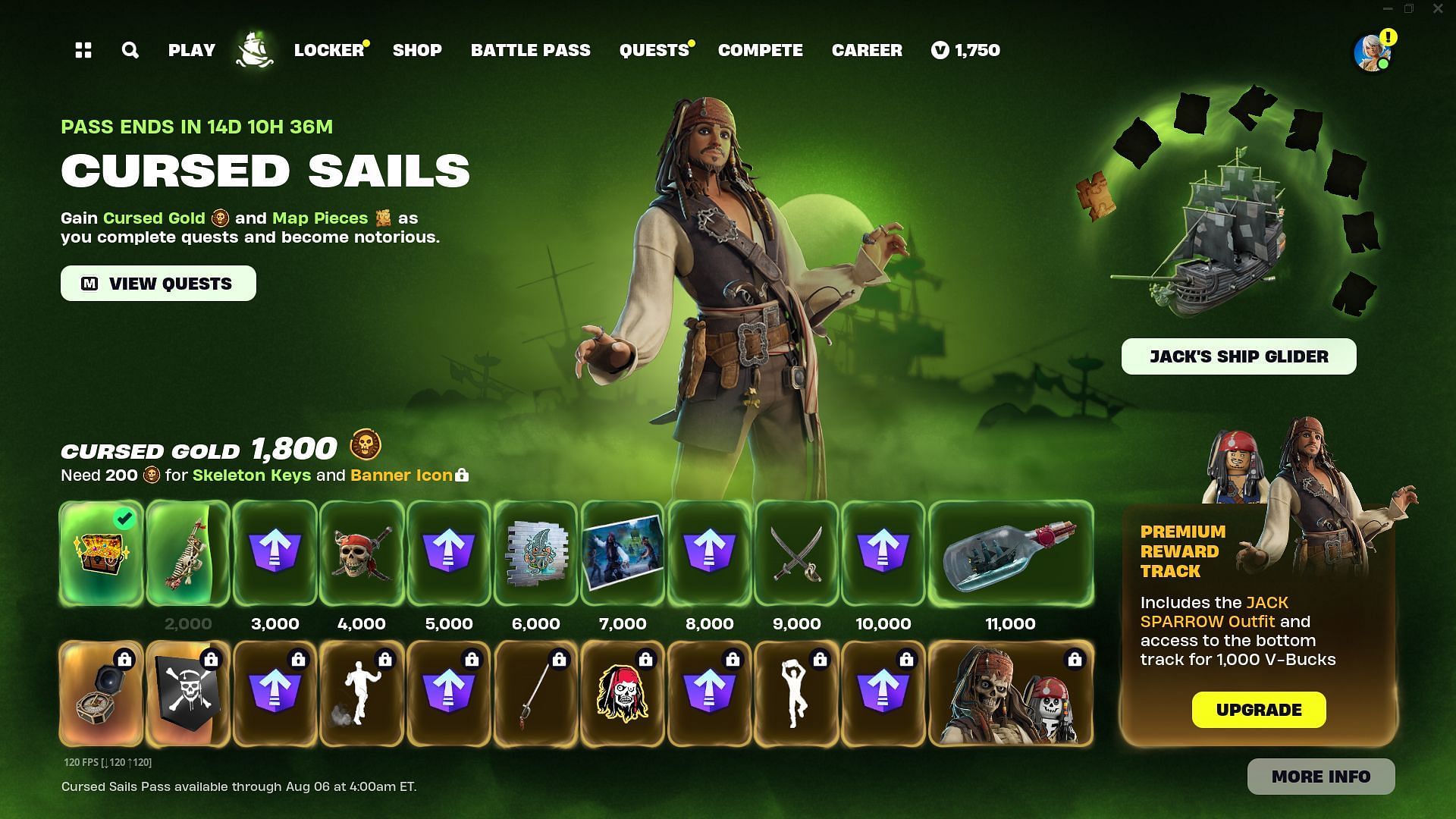 Unlock rewards in the Cursed Sails Pass by accumulating Cursed Gold (Image via Epic Games)