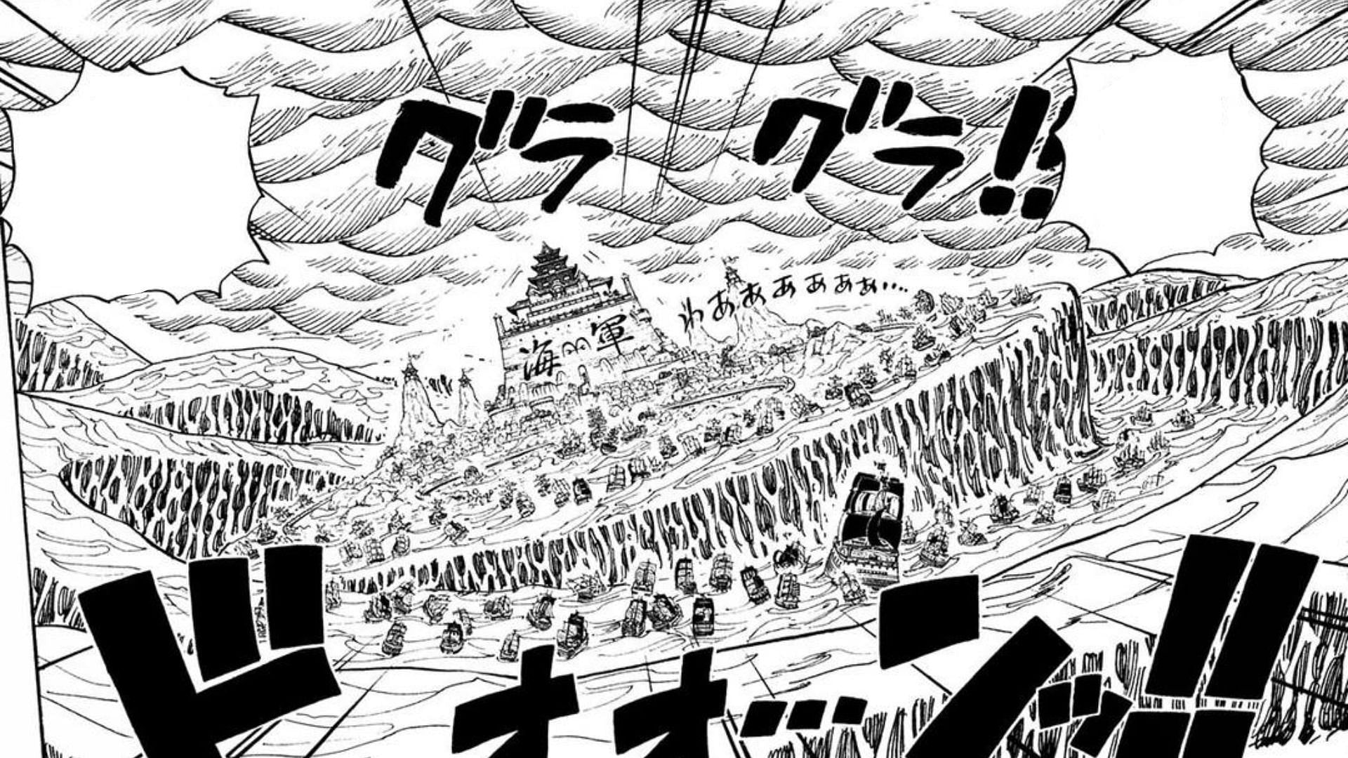 The Gura Gura no mi&#039;s destructive power during the Marineford arc (Image via Shueisha)