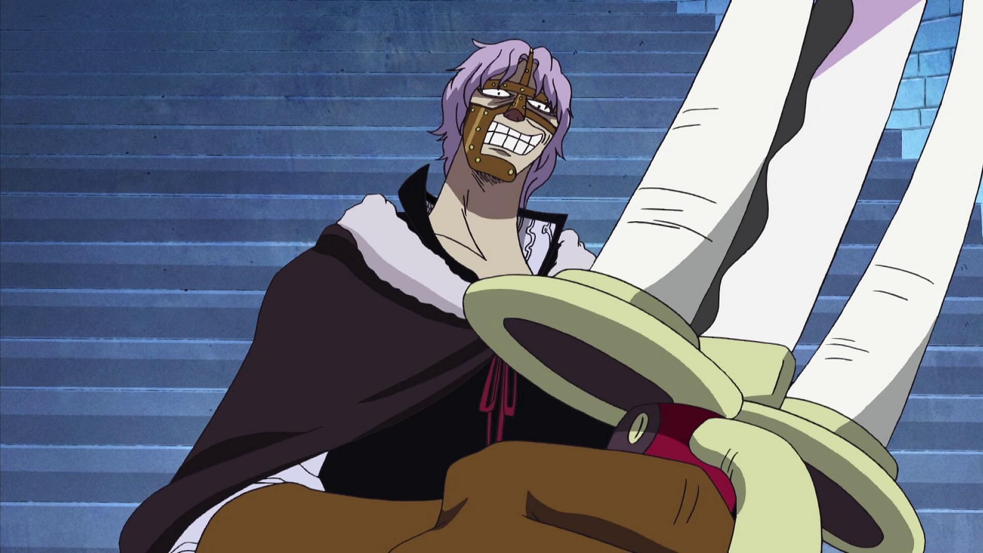 Spandam wielding Funkfreed in One Piece (Image via Toei Animation)