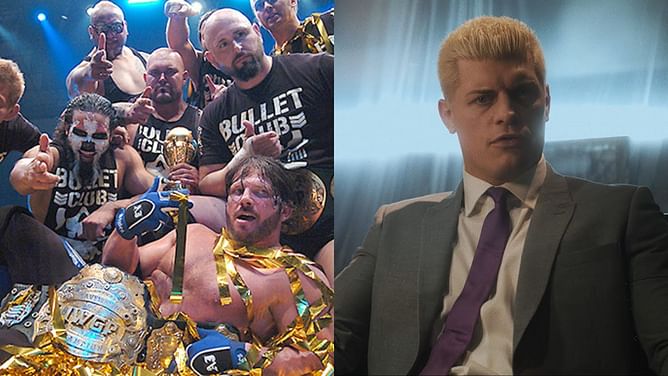 Former Bullet Club members AJ Styles and Cody Rhodes do the Too Sweet gesture during WWE Japan