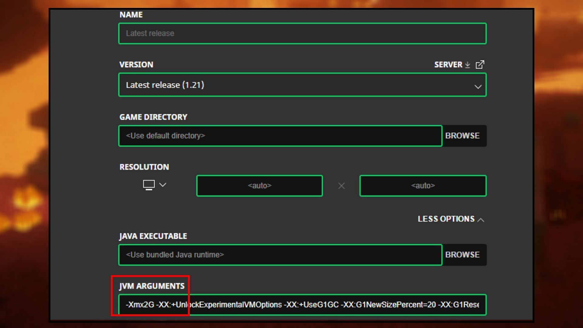 Where to find the argument to increase RAM (Image via Mojang)