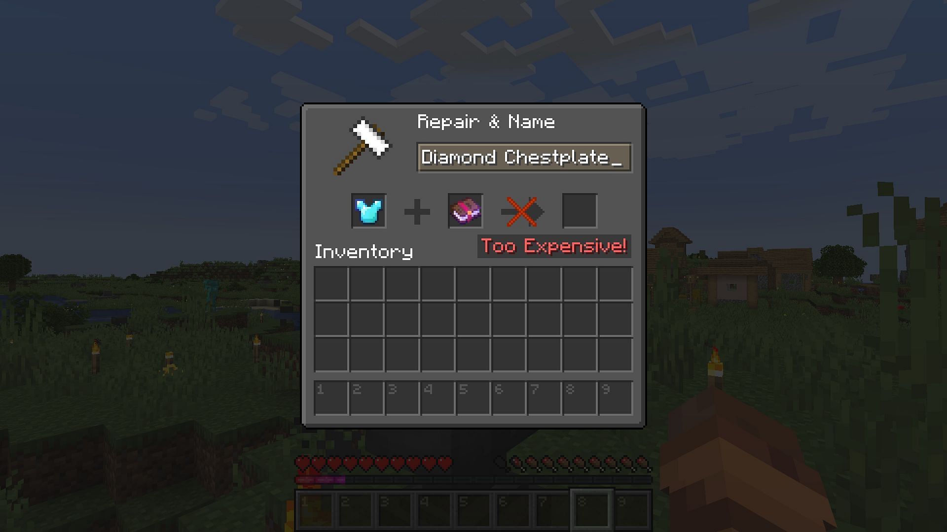 The &quot;Too Expensive&quot; limit hit in an anvil (Image via Mojang)