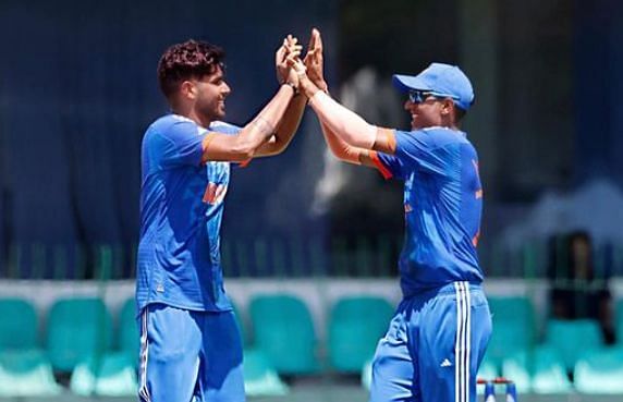 Harshit Rana celebrating his four-wicket haul against UAE-A with skipper Yash Dhull in the Emerging Asia Cup 2023 (Image Credits: Harshit Rana&#039;s Instagram)