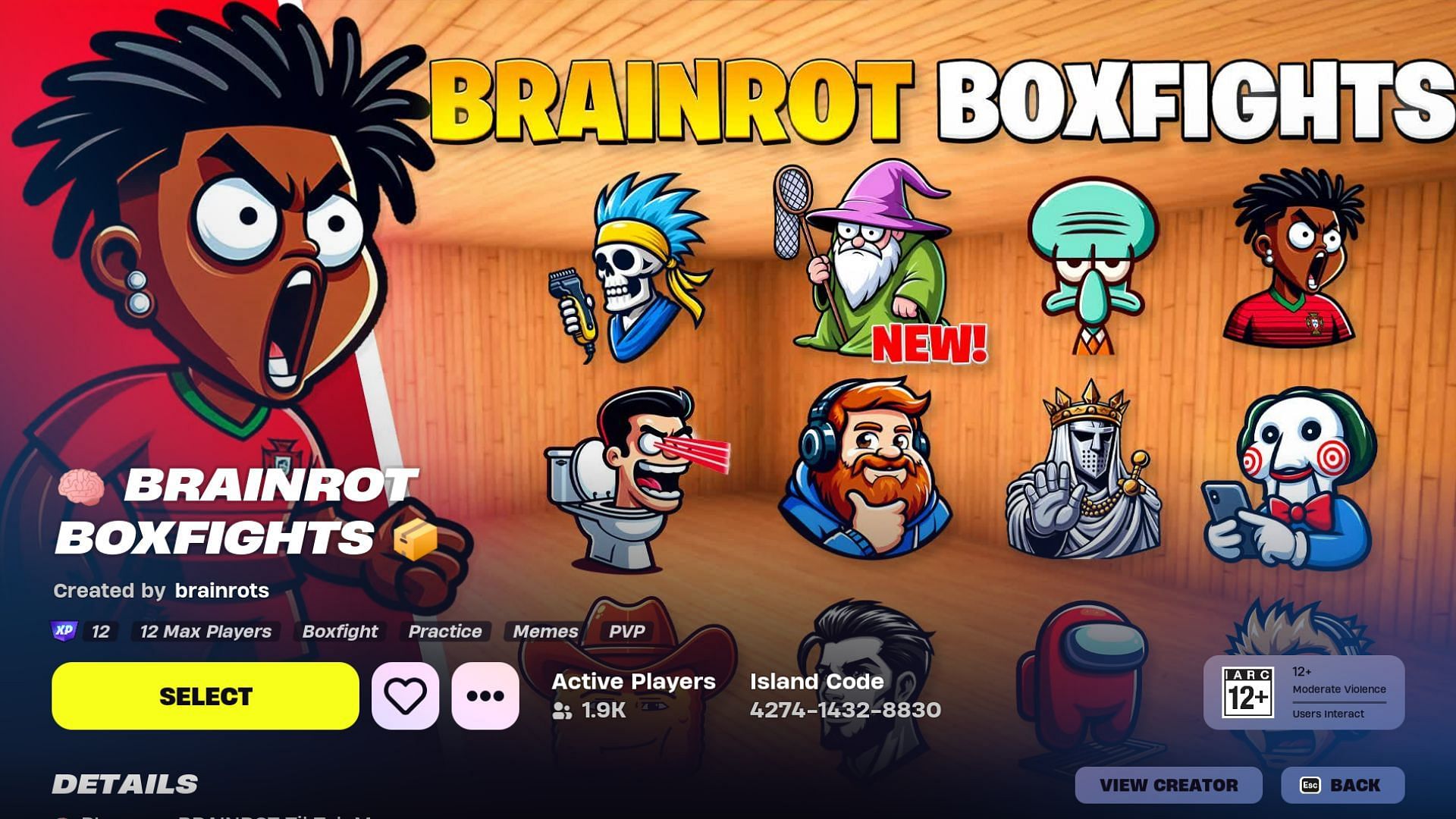 What the Fortnite Brainrot Boxfights map looks like in the Discover menu. (Image via Epic Games)