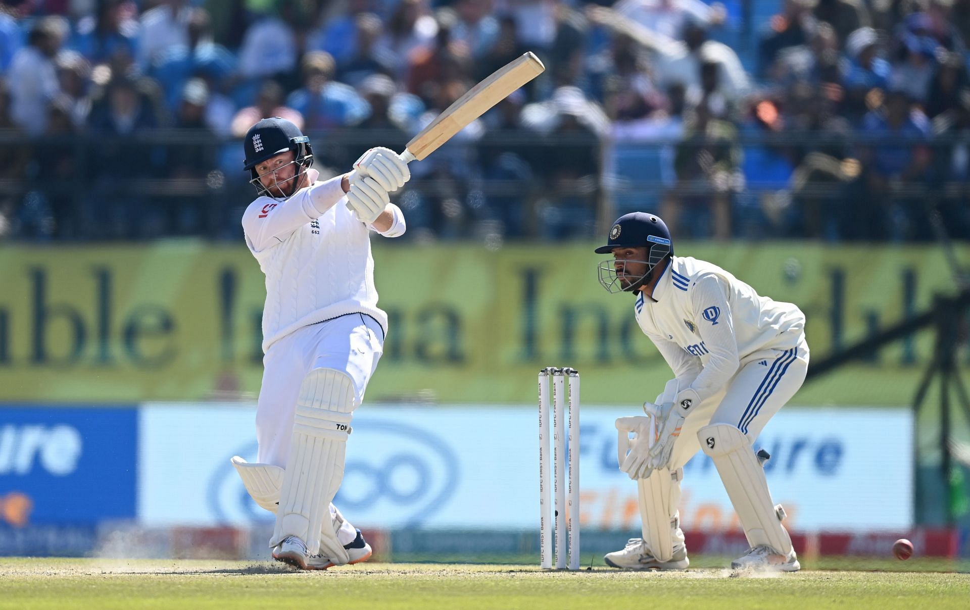 Jonathan Bairstow of England bats watched by India wicketkeeper Dhruv Jurel during day three of the 5th Test Match between India and England at Himachal Pradesh Cricket Association Stadium on March 09, 2024 in Dharamsala, India. (Photo by Gareth Copley/Getty Images)