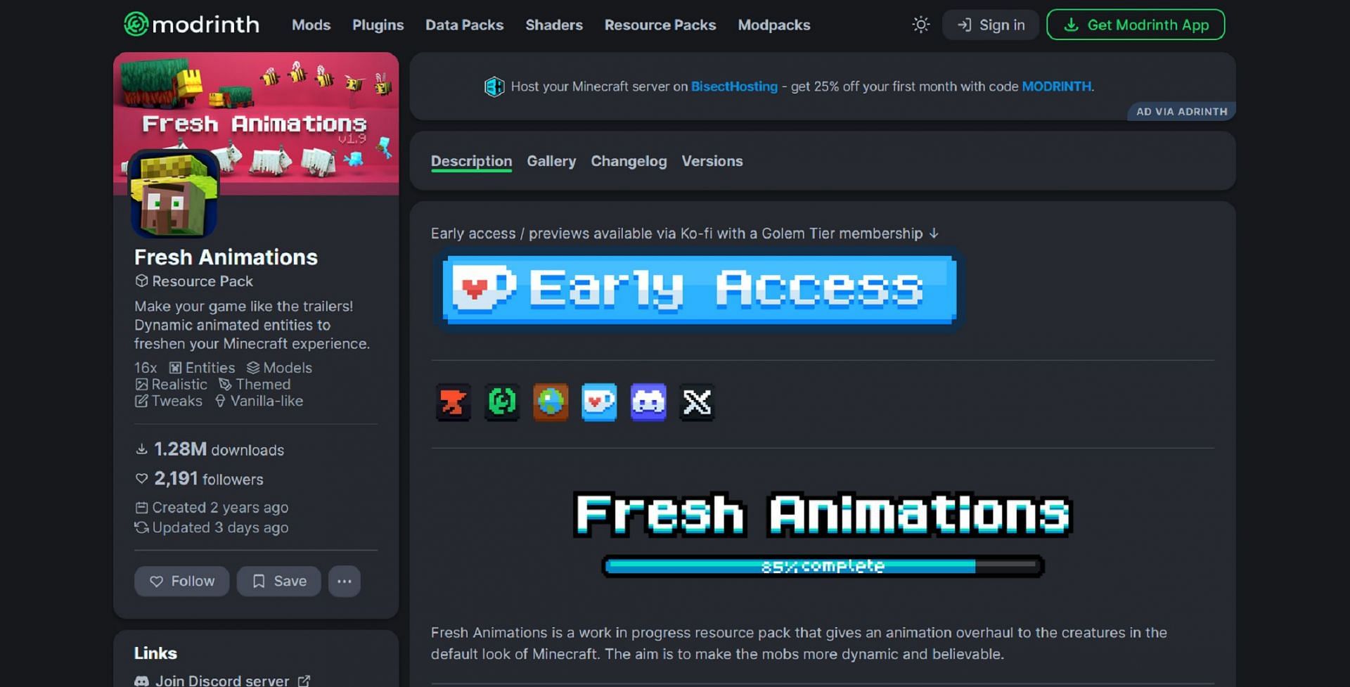 Fresh Animations can be downloaded from several sites, but it will also require other mods (Image via FreshLX/Modrinth)