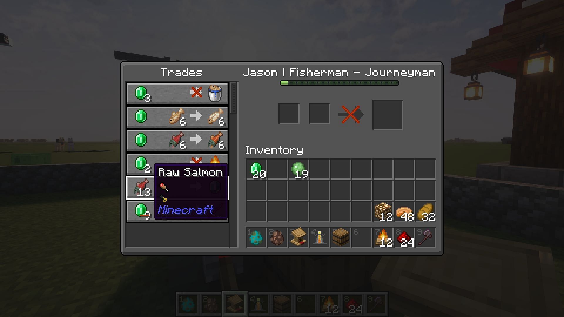 The fisherman trade for raw salmon (Image via Mojang)