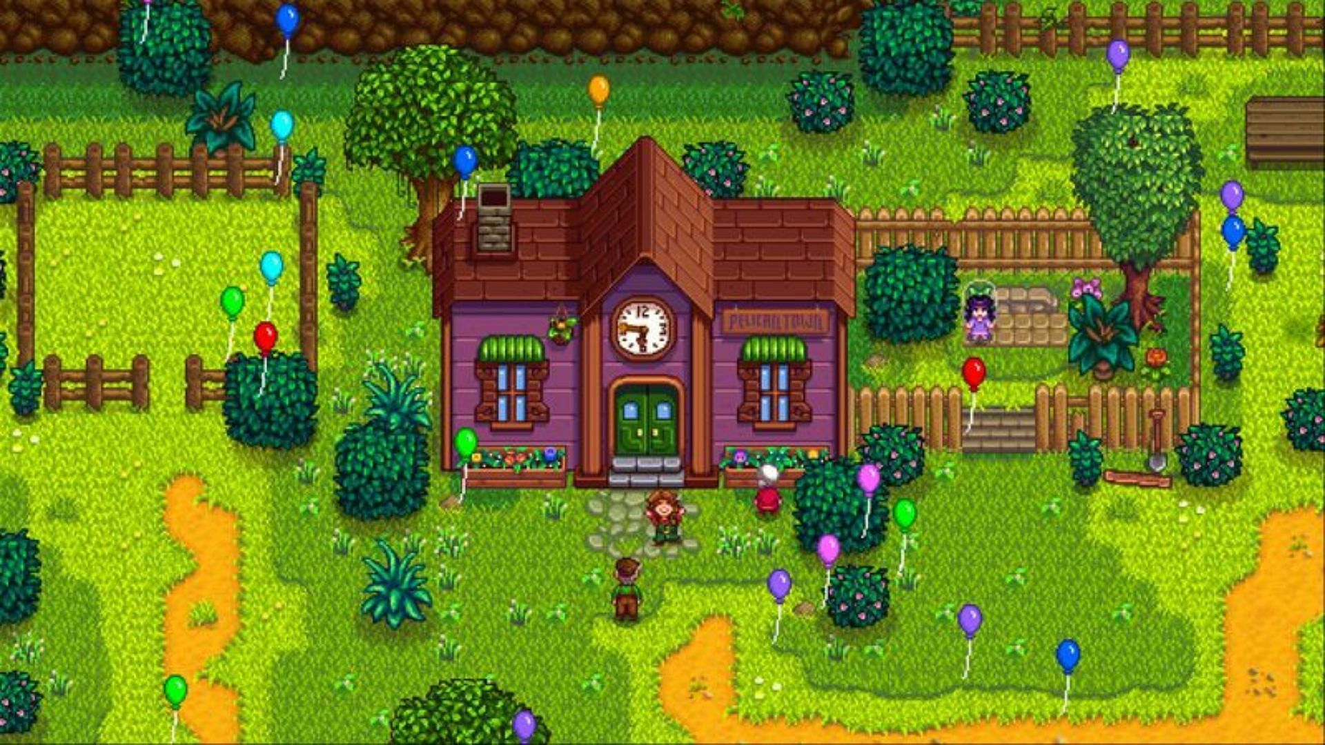 Searching behind the Community Center building rewards you with a Stone Junimo statue (Image via ConcernedApe)