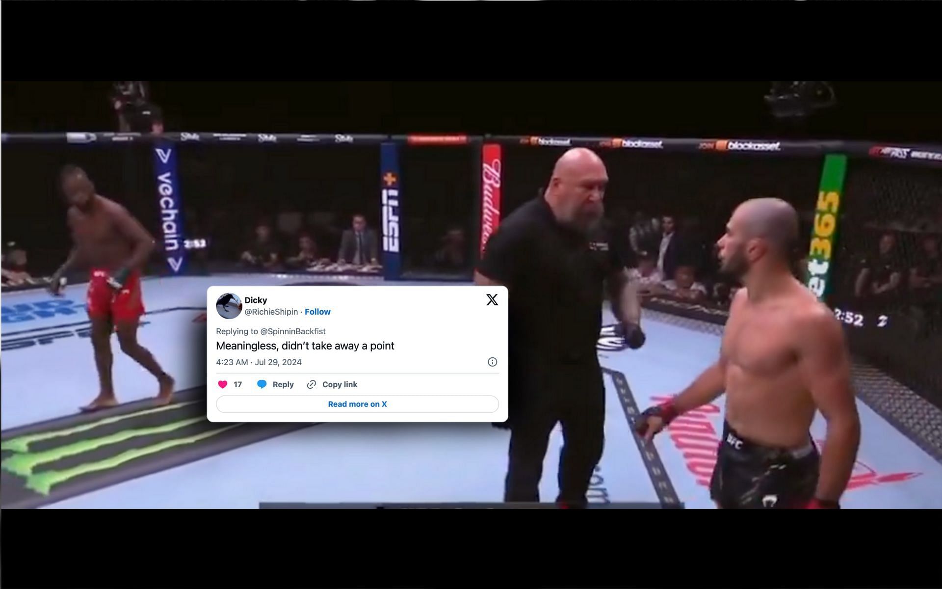 Fans react to referee Mike Beltran yelling at Muhammad Mokaev. [Image courtesy: @Bendaman2001 via X]