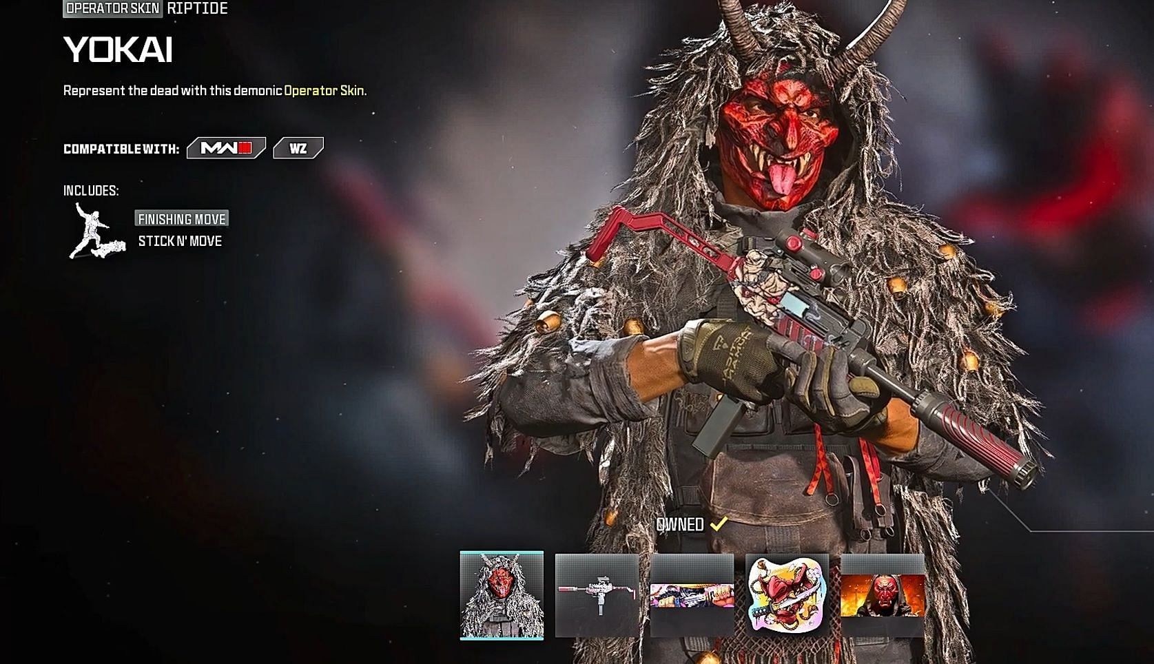 A still from the AI-created skin in Warzone and MW3 named Yokai&#039;s Wrath (Image via Activision)