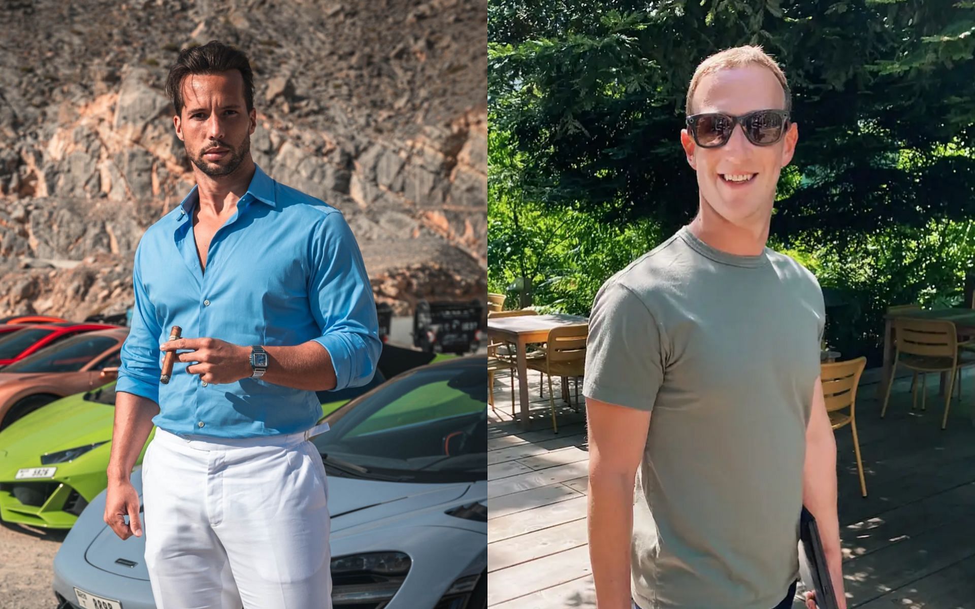 Tristan Tate (left) defends Mark Zuckerberg (right) from criticism from Jake Shields. [Images courtesy: @tatethetalisman on X and @zuck on Instagram]