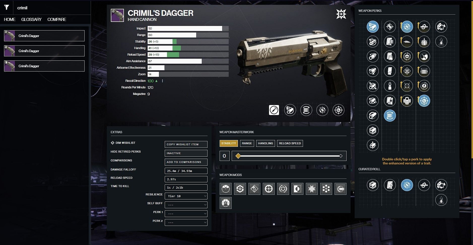 Crimil&#039;s Dagger PvE god roll in Destiny 2 (Image via Bungie)