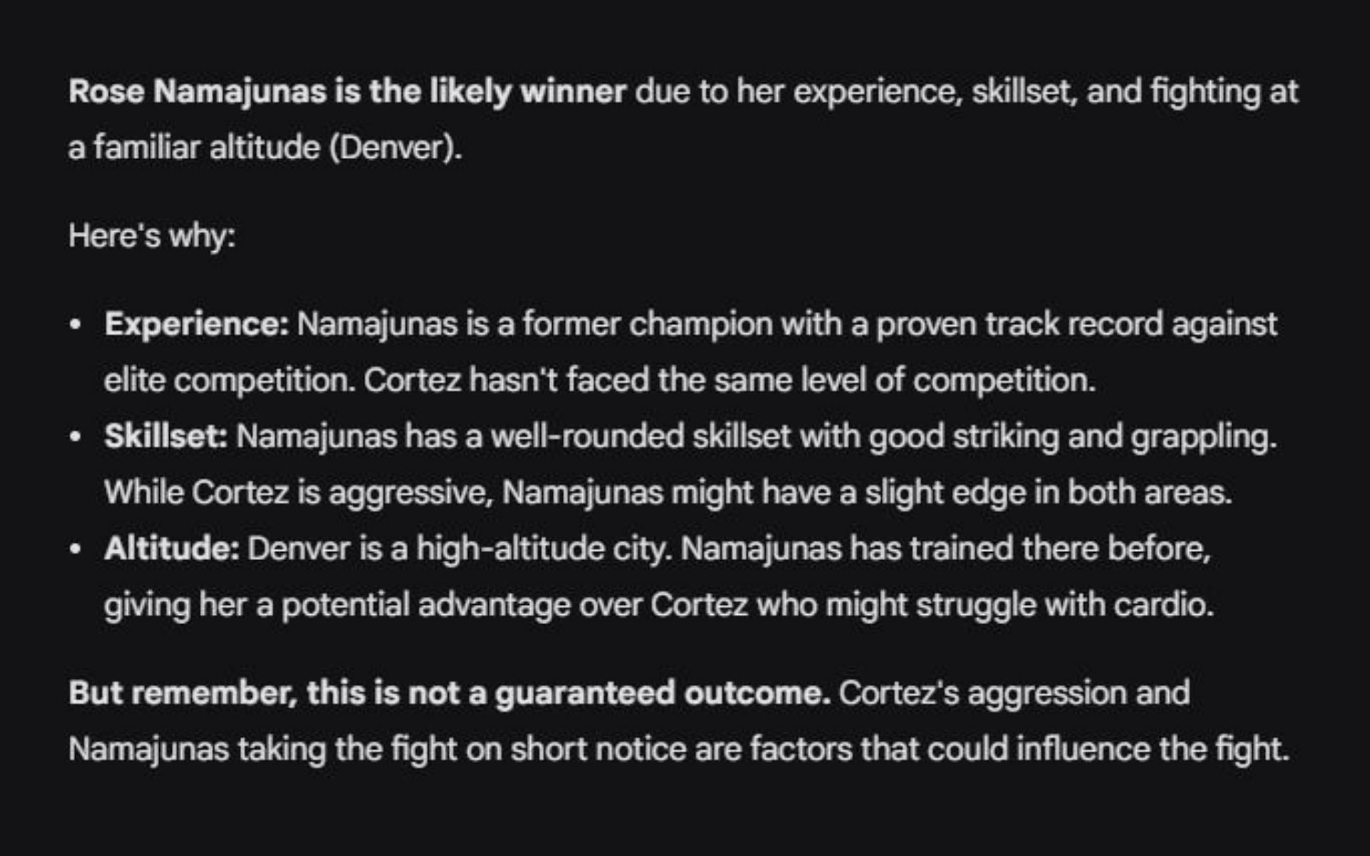 Google&#039;s AI prediction for Rose Namajunas vs. Tracy Cortez