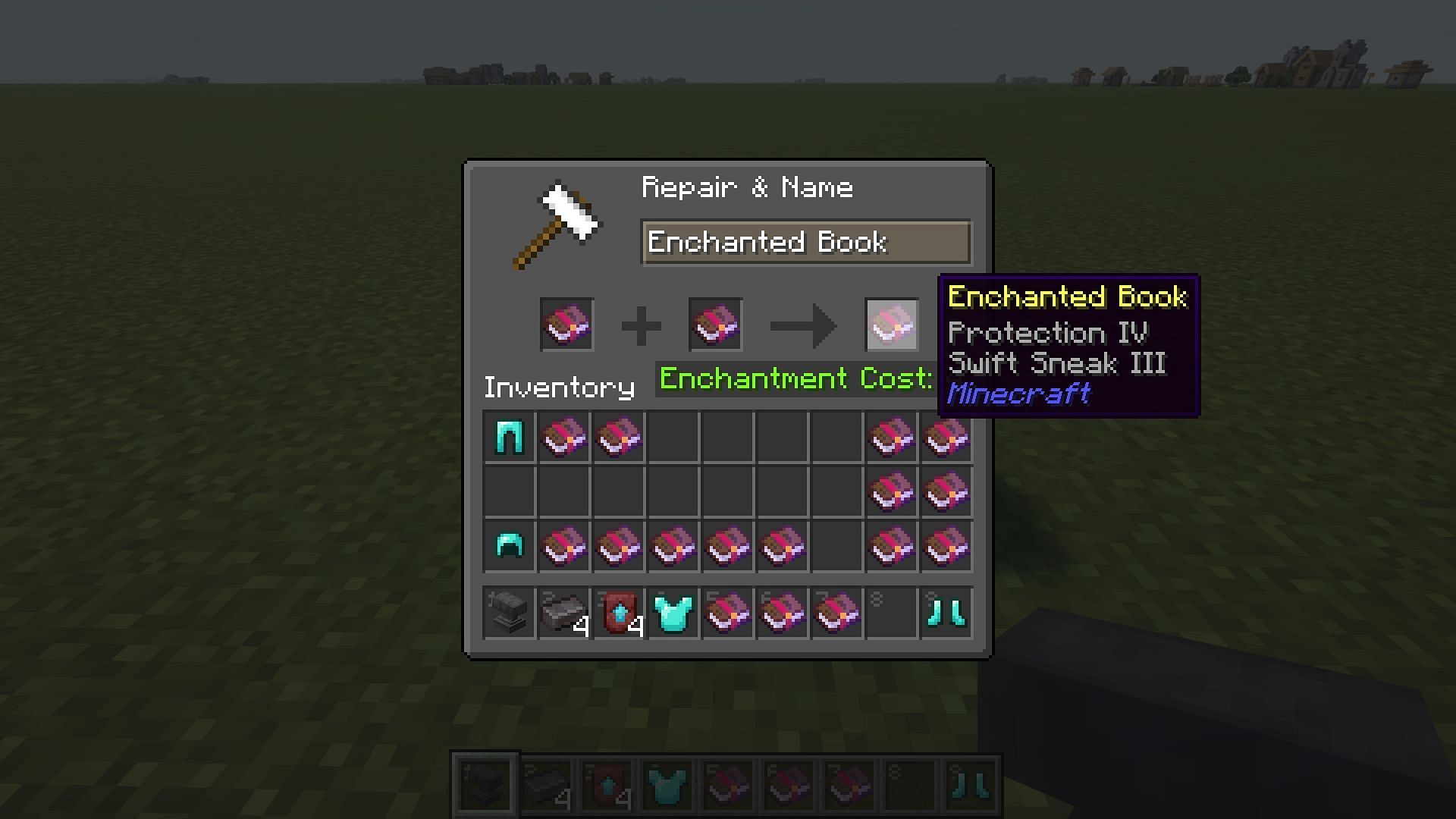 A player combining enchanted books to make god armor (Image via Mojang)