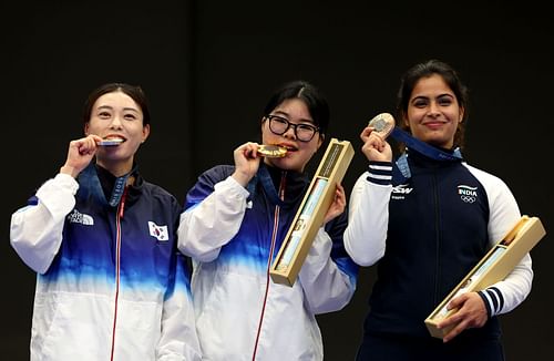 Manu Bhaker (far right) will look to continue her stellar run at the Paris Olympics as she plays in the team event.