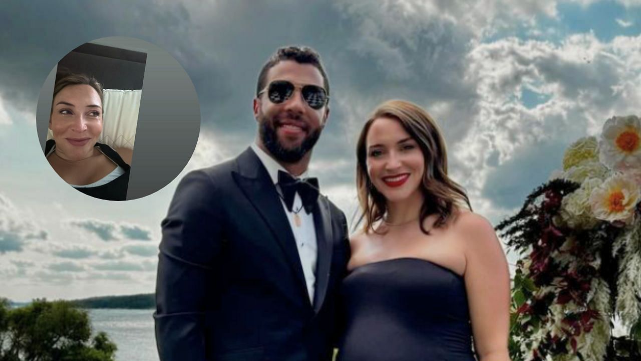 Bubba Wallace with wife, Amanda at a wedding. Images via Amanda&rsquo;s Instagram.