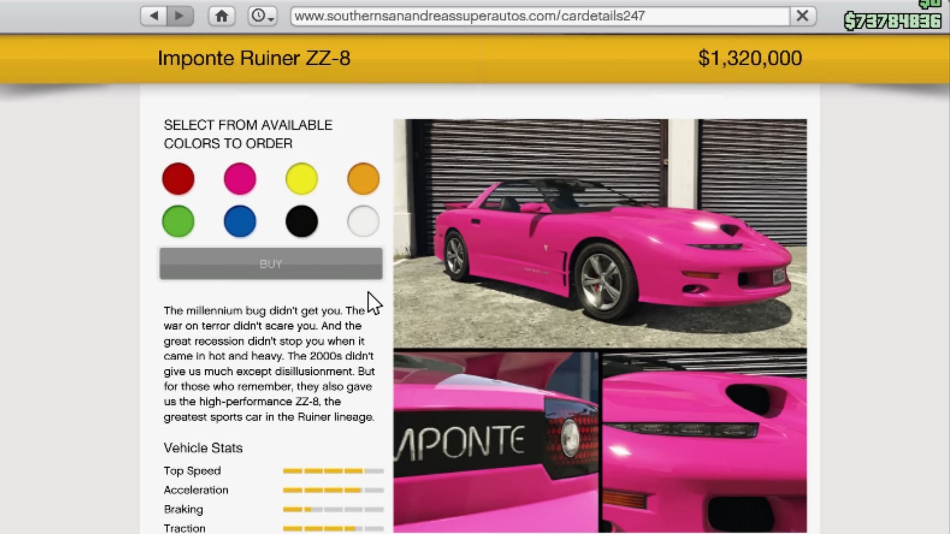 Ruiner ZZ-8&#039;s purchase page (Image via YouTube/Digital Car Addict)