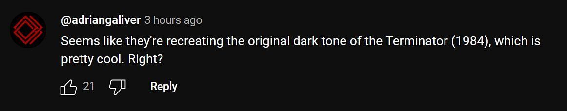 @adriangaliver's YouTube Comment on Netflix's Official Teaser of Terminator Zero