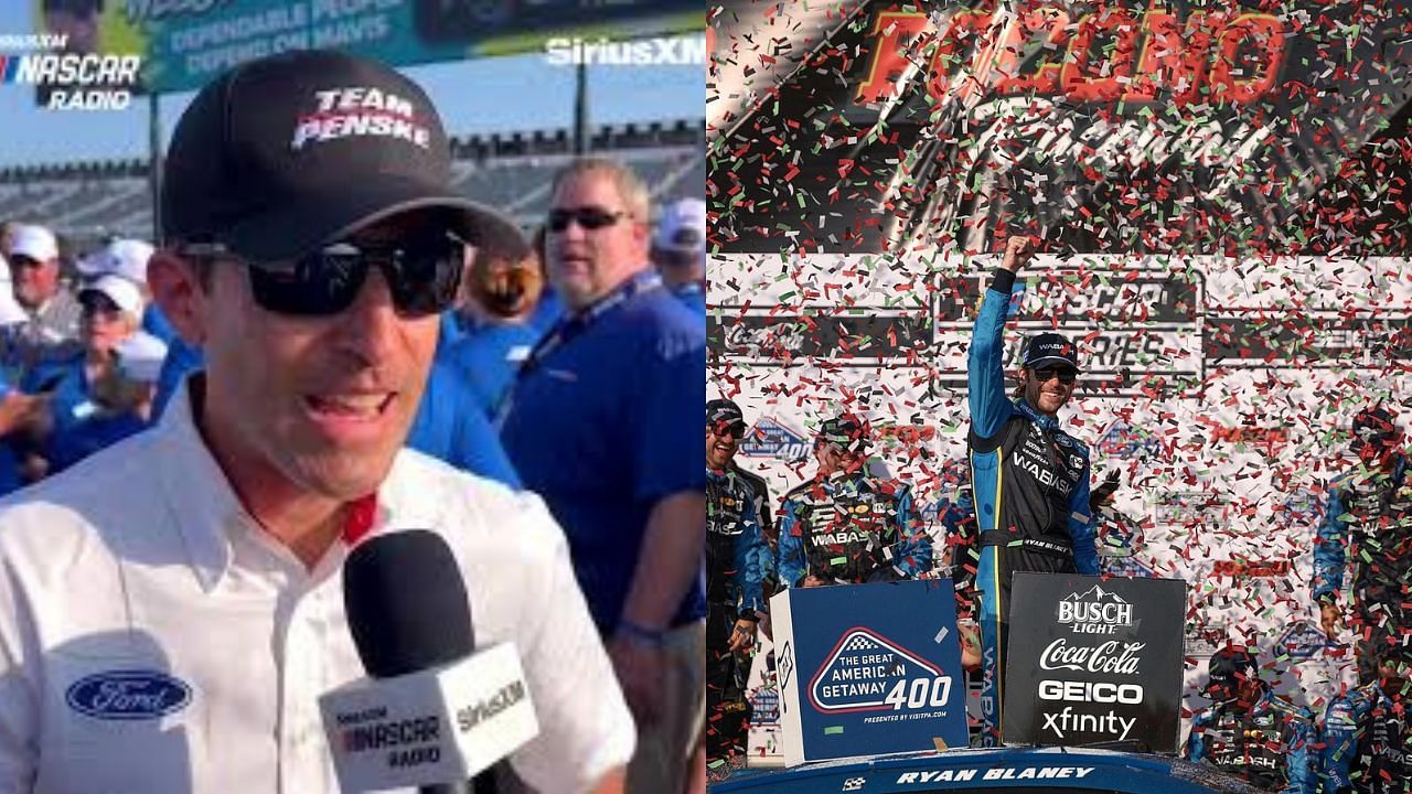 Team Penske&rsquo;s competition director, Travis Geisler (L) and Ryan Blaney (R) (Source:  L: Insta/siriusxmnascar and R: Getty Images)