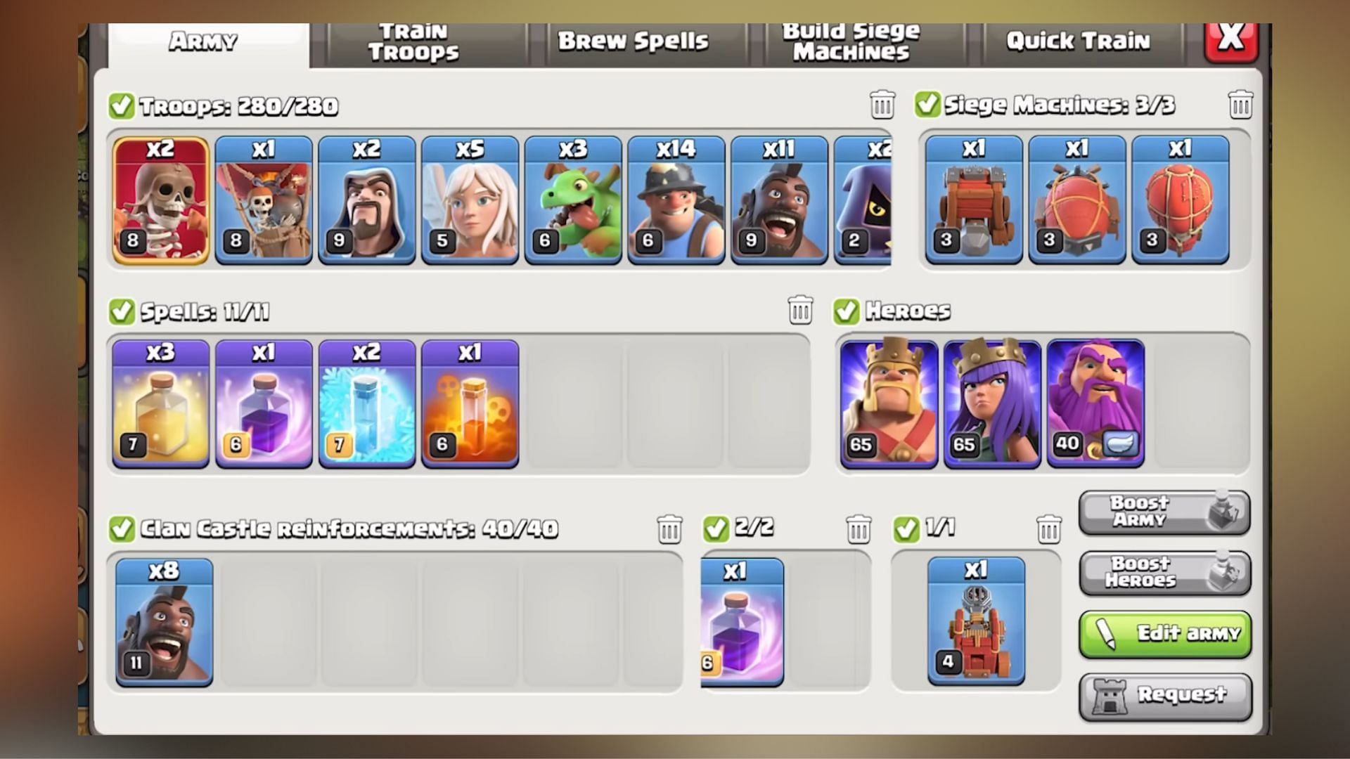 Army composition of Town Hall 12 Queen Charge Hybrid attacking strategy in Clash of Clans (Image via SuperCell)