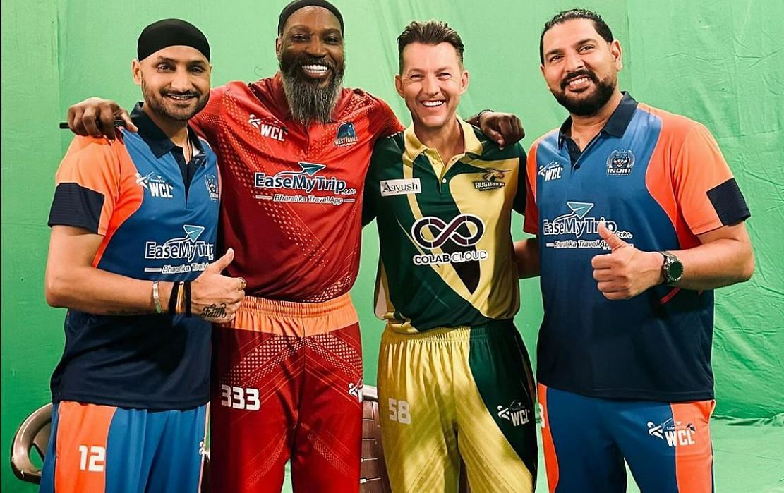 (L-R): Harbhajan Singh, Chris Gayle, Brett Lee, and Yuvraj Singh (Image Credits - Brett Lee Instagram)