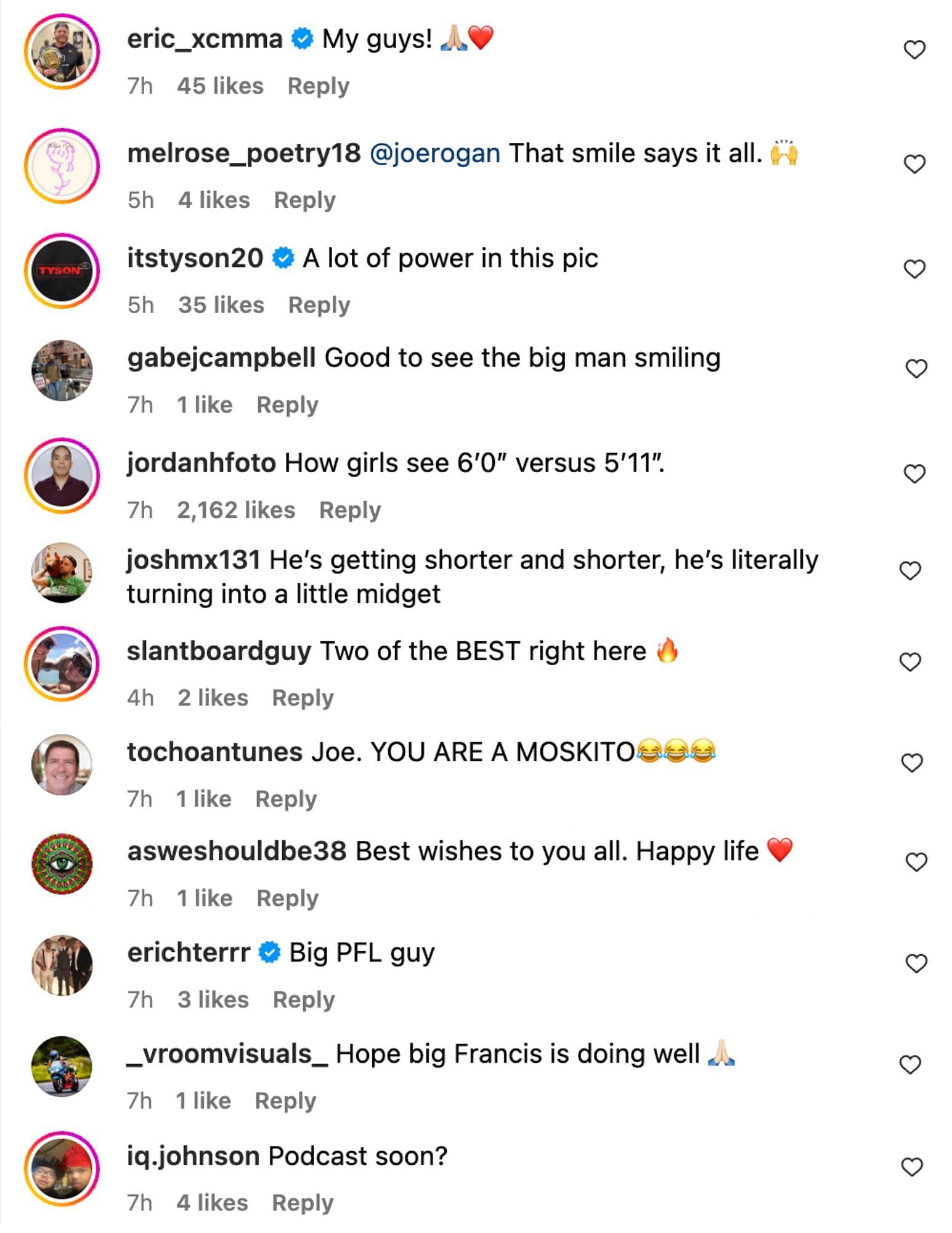 Fans react to Joe Rogan sharing a photo with Francis Ngannou. [via @joerogan on Instagram]