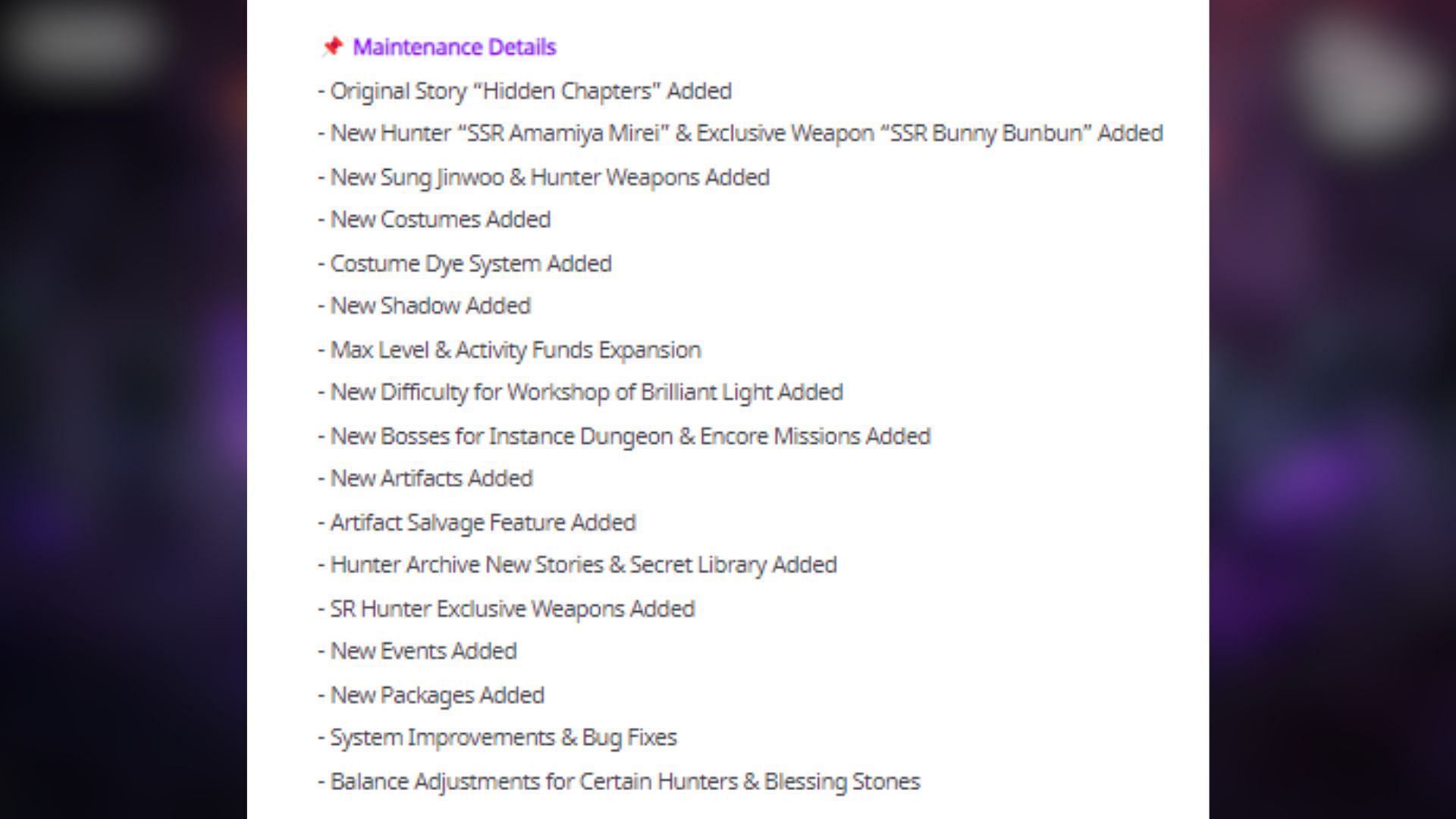 A list of all new upcoming content in the Solo Leveling Arise July 31 update. (Image via Netmarble)