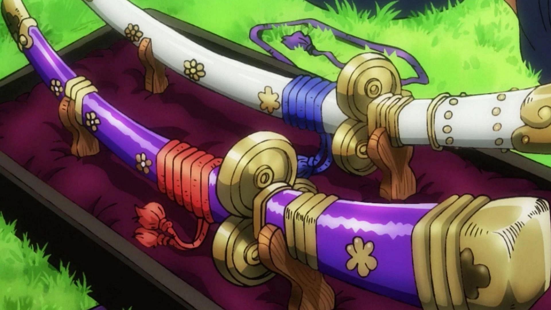 Ame no Habakiri and Enma were originally Kozuki Oden&#039;s swords, who passed them down to Momonosuke and Hiyori (Image via Toei Animation)