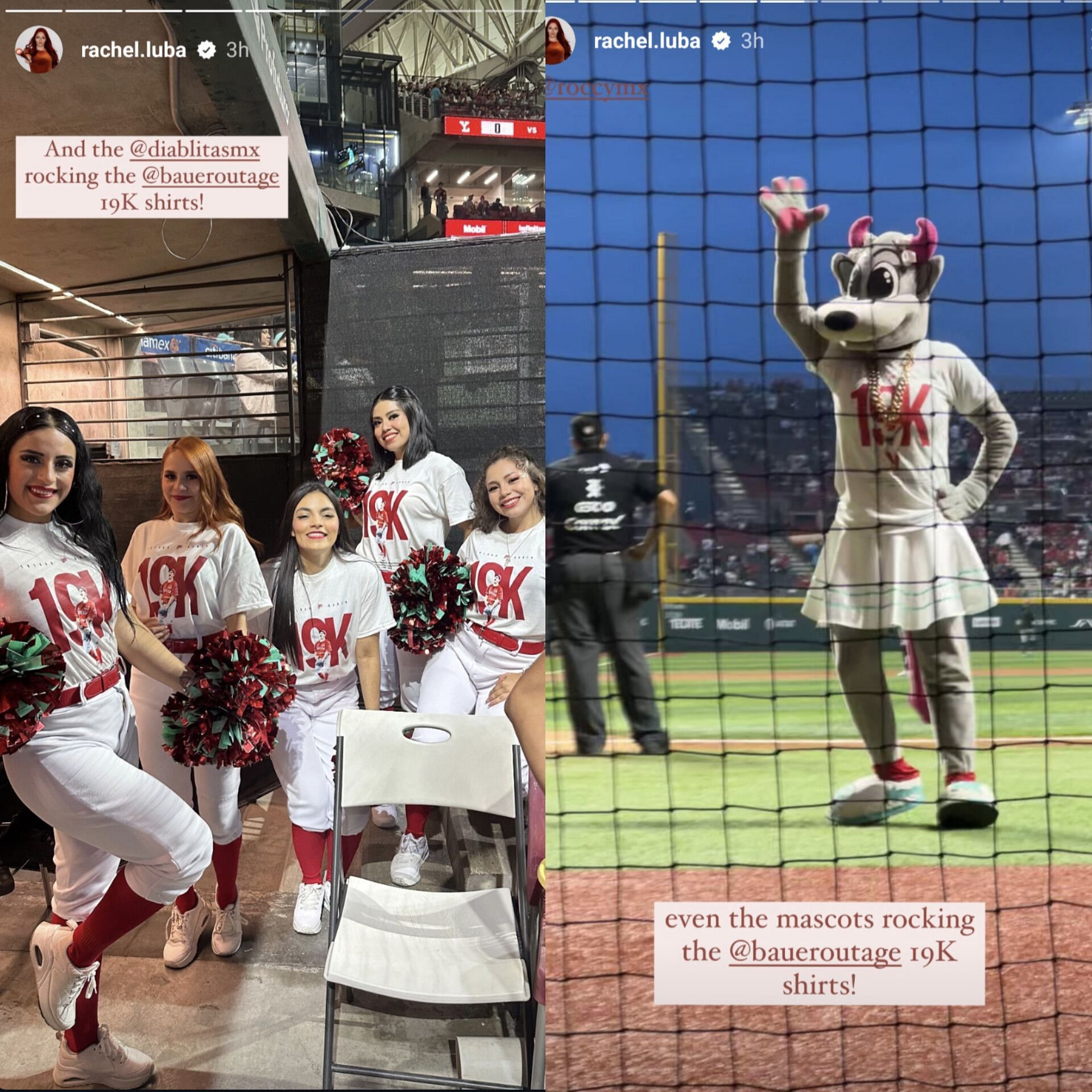 Diablos Rojos del Mexico&#039;s mascot and cheerleaders (Image source - Rachel Luba&#039;s Instagram)