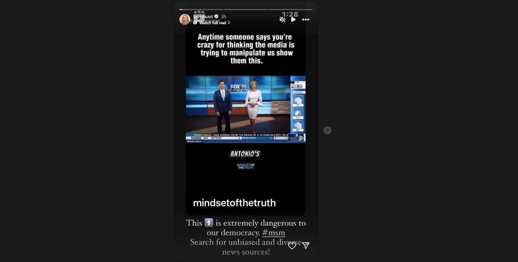 Screenshot of Tavia Hunt's Instagram story