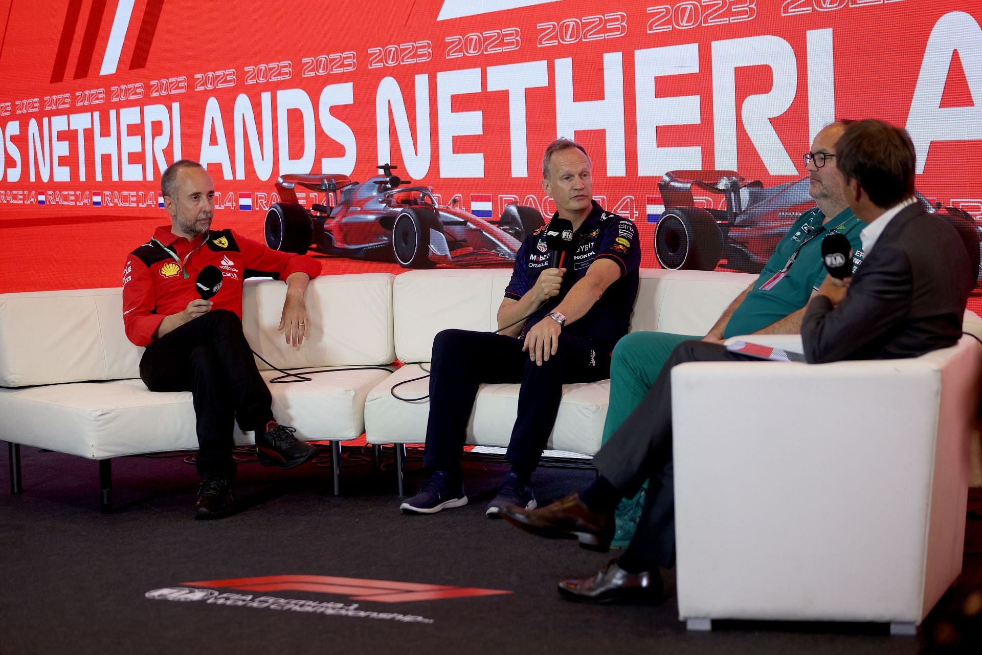 Enrico Cardile, Head of Chassis Area at Ferrari,, Red Bull Racing Head of Car Engineering Paul Monaghan and Tom McCullough, Performance Director at Aston Martin F1 attend the Team Principals Press Conference during practice ahead of the F1 Grand Prix of The Netherlands at Circuit Zandvoort on August 25, 2023 in Zandvoort, Netherlands. (Photo by Dean Mouhtaropoulos/Getty Images)