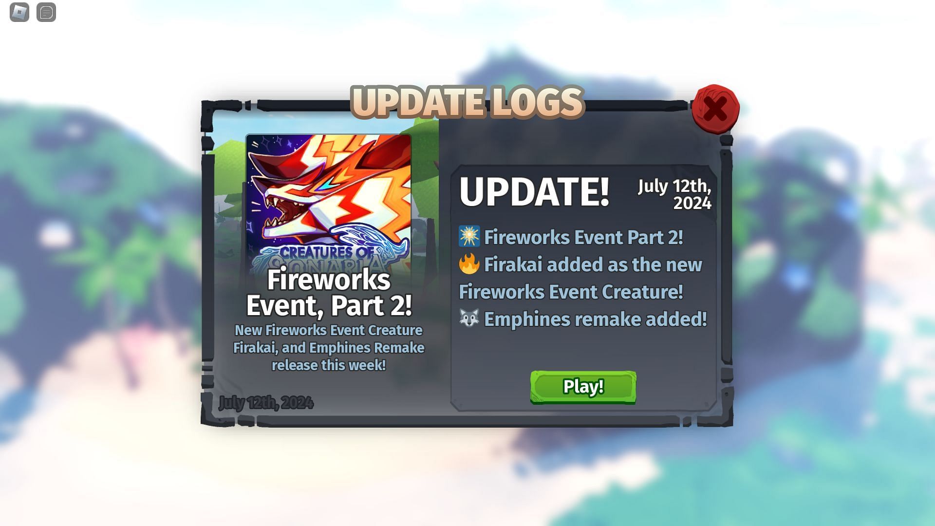 The in-game update log (Image via Roblox)