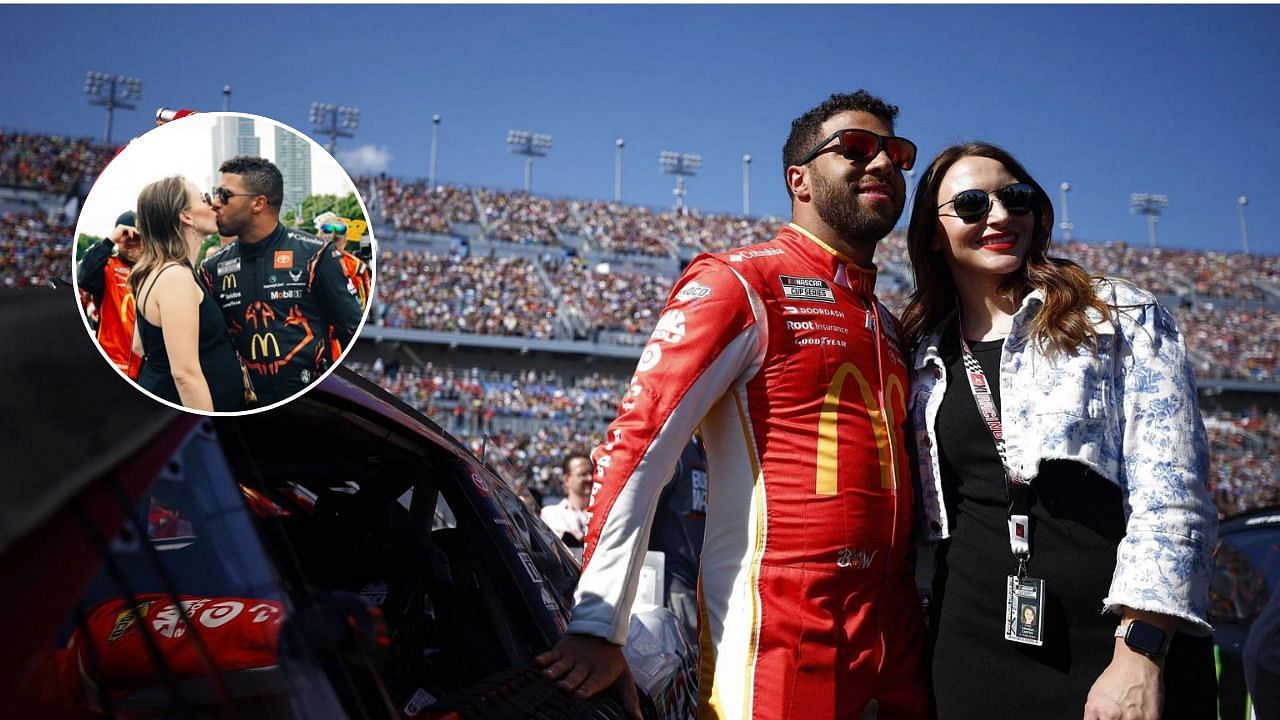 Bubba Wallace and Amanda Wallace (B), Image Courtesy: Getty. Bubba Wallace and Amanda Wallace smooching (inset). Image Courtesy: Amanda Wallace