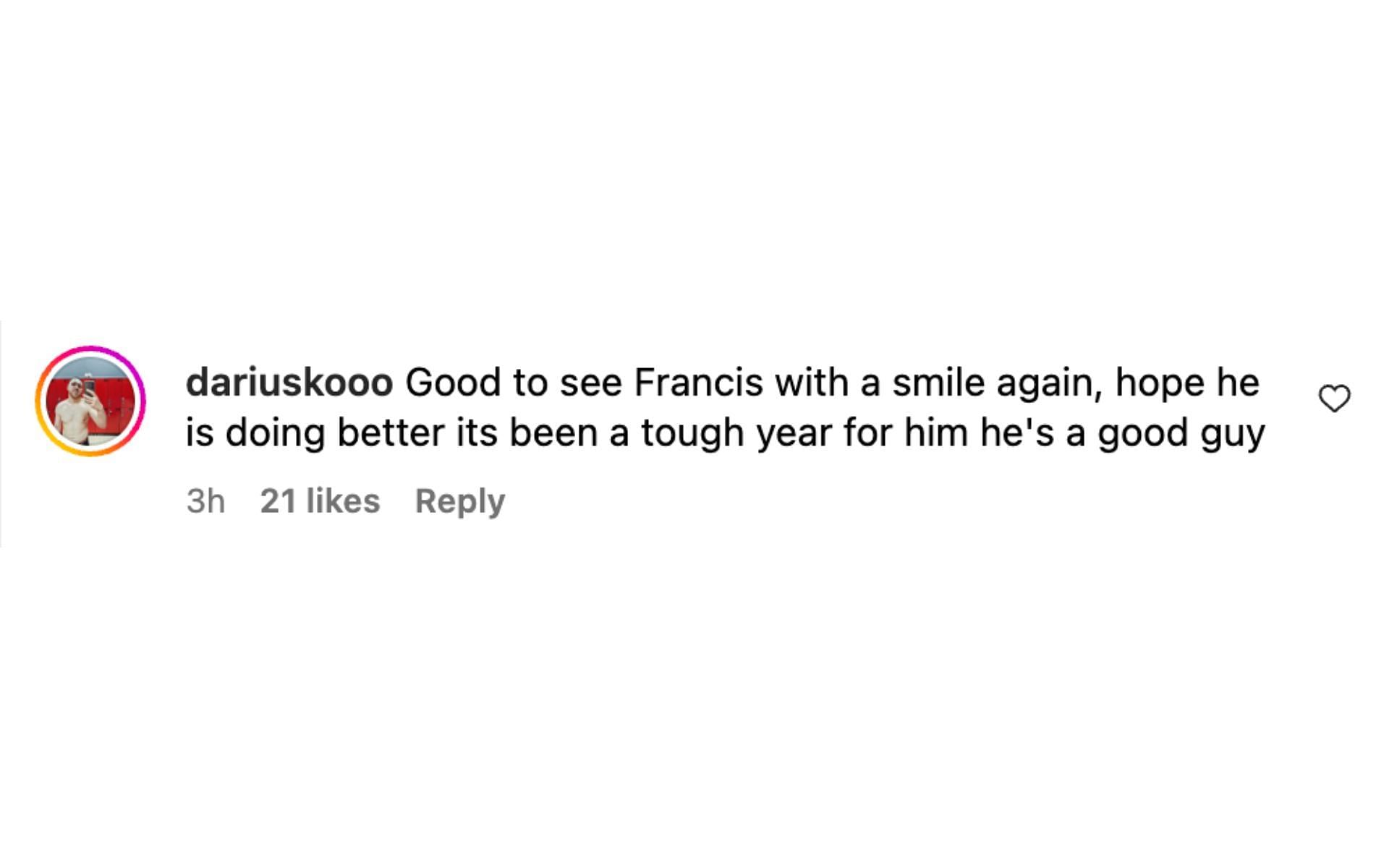 Fan reacting to Joe Rogan&#039;s Instagram post with Francis Ngannou. [via @joerogan on Instagram]