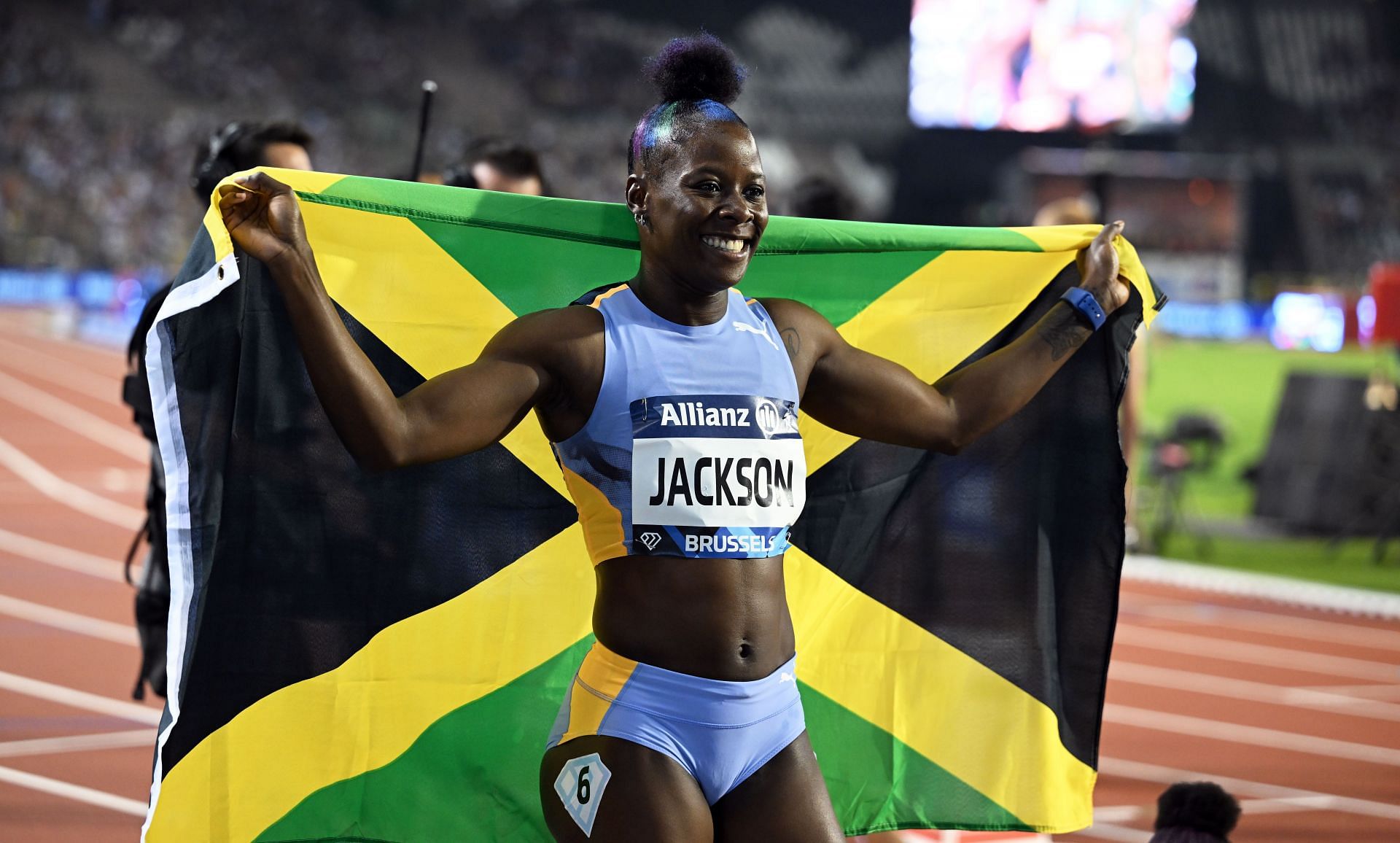 Shericka Jackson during a Diamond League event in Belgium (image via: Getty Images0