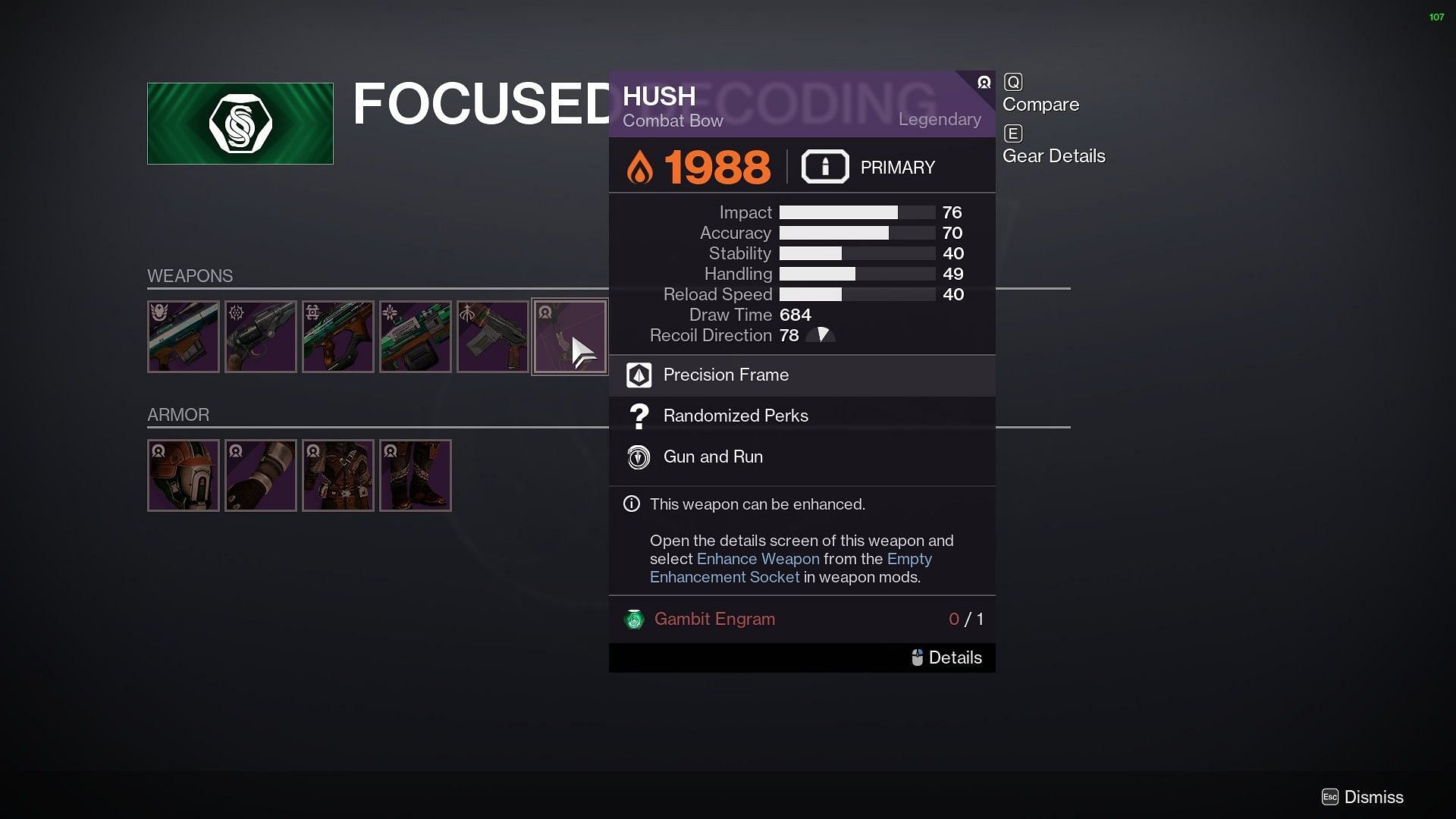 Hush, in the Focused Decoding section of Destiny 2 (Image via Bungie)