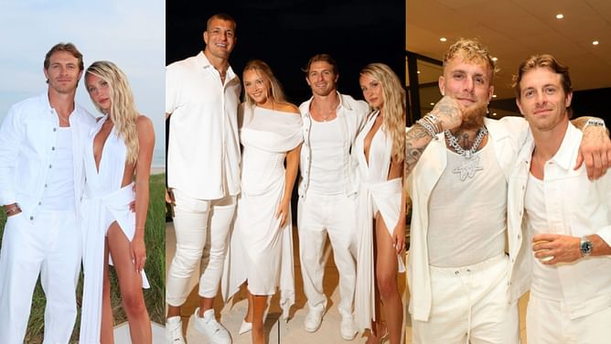 Braxton Berrios and girlfriend Alix Earle pose with Rob Gronkowski, Jake Paul at Michael Rubin's star-studded 4th of July party