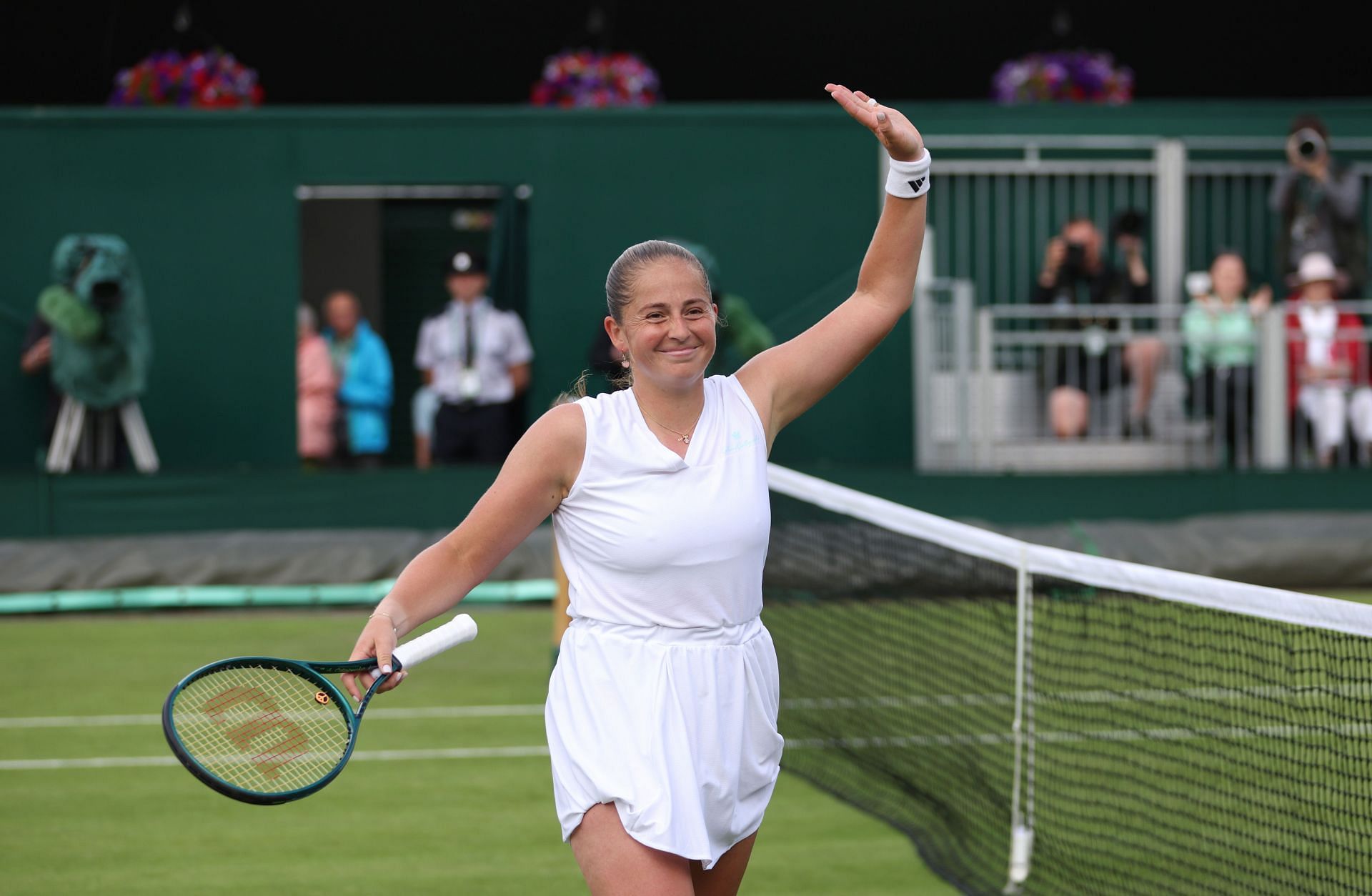 Jelena Ostapenko reacts after winning first-round match at Wimbledon