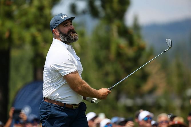 WATCH: Jason Kelce goes head-to-head with fan in beer chugging at American Century Championship