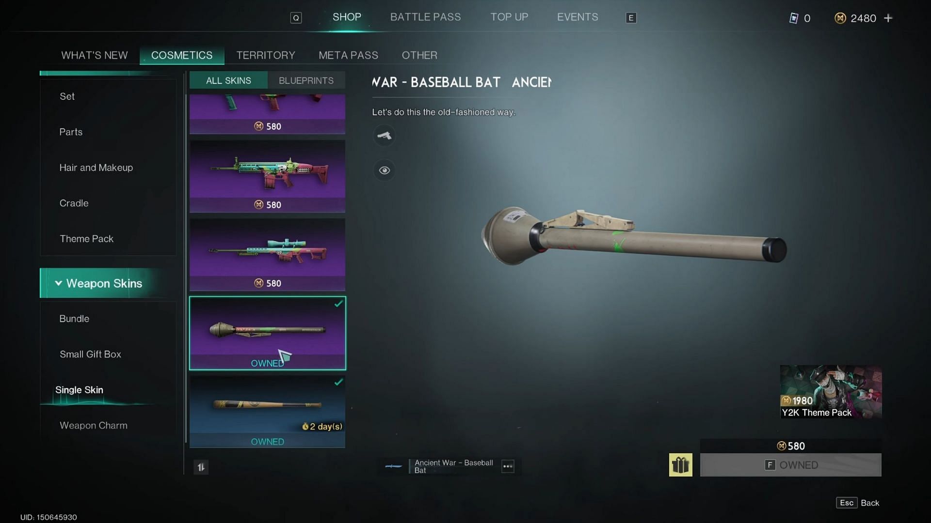 Baseball Bat with the Ancient War Skin (Image via Starry Studio)