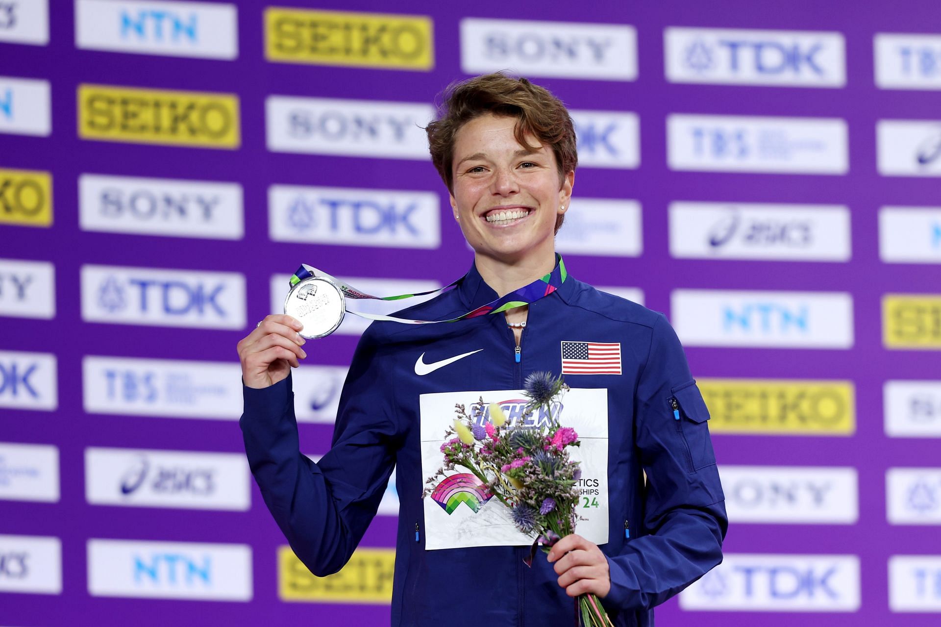 Nikki Hiltz poses for a photo during the medal ceremony for the Women&#039;s 1500 Metres at the World Athletics Indoor Championships Glasgow 2024. (Photo by Michael Steele/Getty Images)