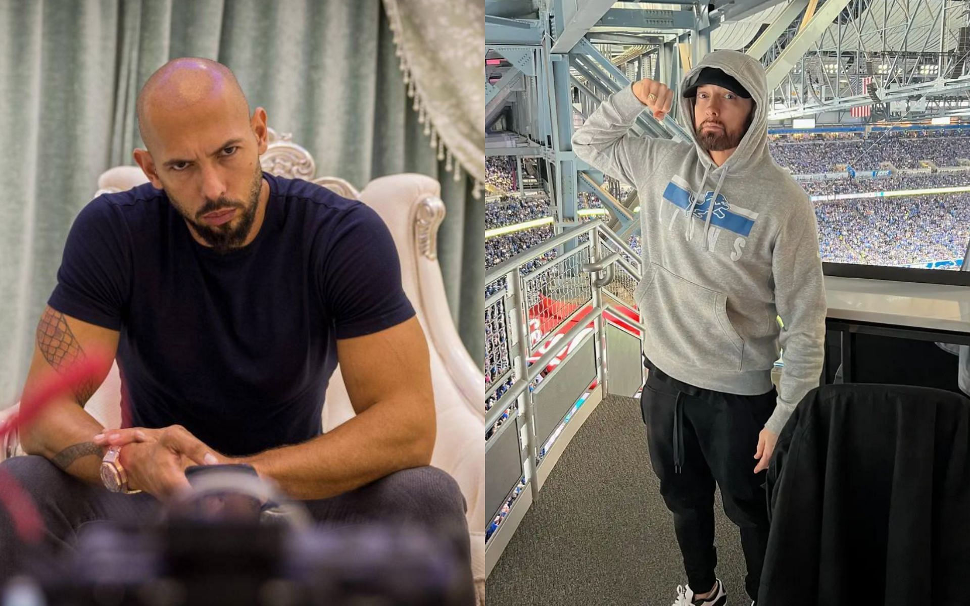 Andrew Tate (left) questions the sexuality of Marshall Mathers, better known as Eminem (right). [Images courtesy: @cobratate on X and @eminem on Instagram]