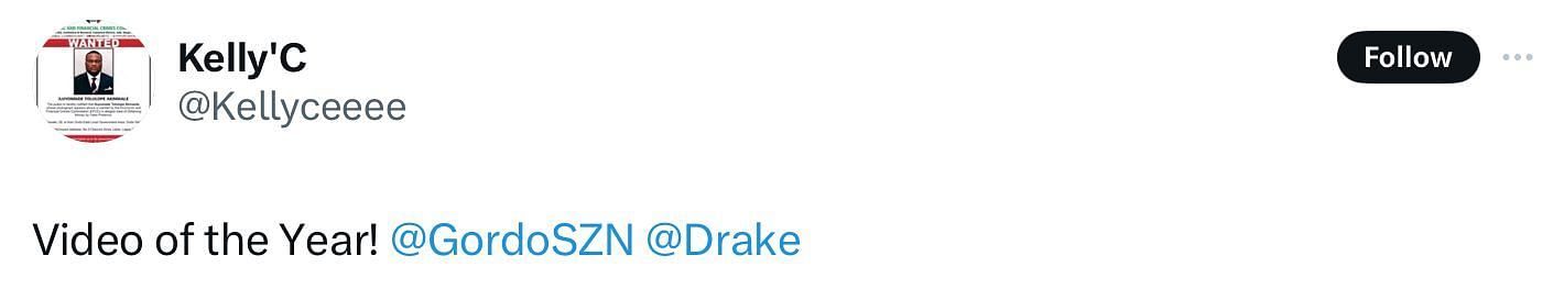 Tweet about Gordo and Drake&#039;s Healing MV (Image via @Kellyceeee/X)