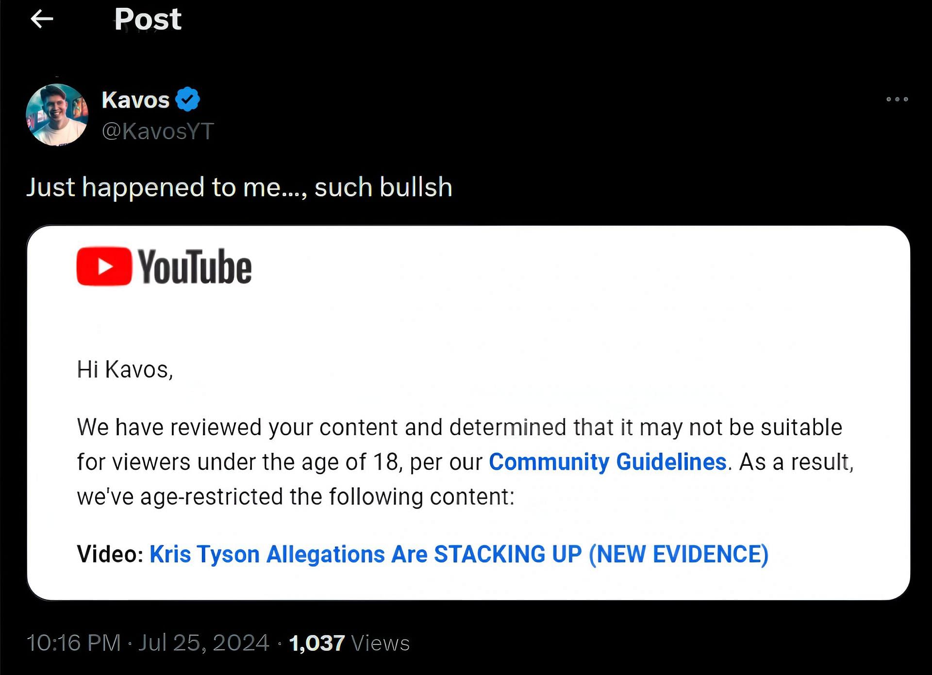 KavosYT claims YouTube is unfairly censoring any video critical of the popular creator. (Screenshot via X/@KavosYT)