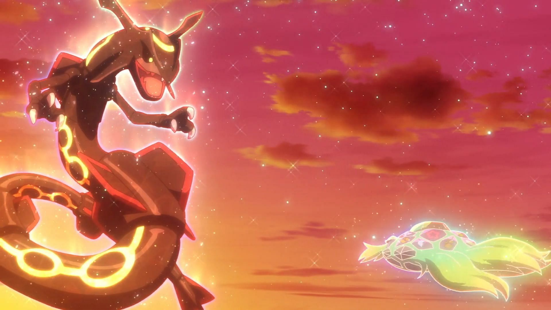 Lucius&#039; Rayquaza faces off against his Terapagos in Horizons. (Image via The Pokemon Company)